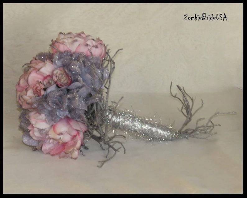 Corpse BRIDAL BOUQUET Tim Burton Wedding Bouquet Grayish Pink Peonies and Twigs