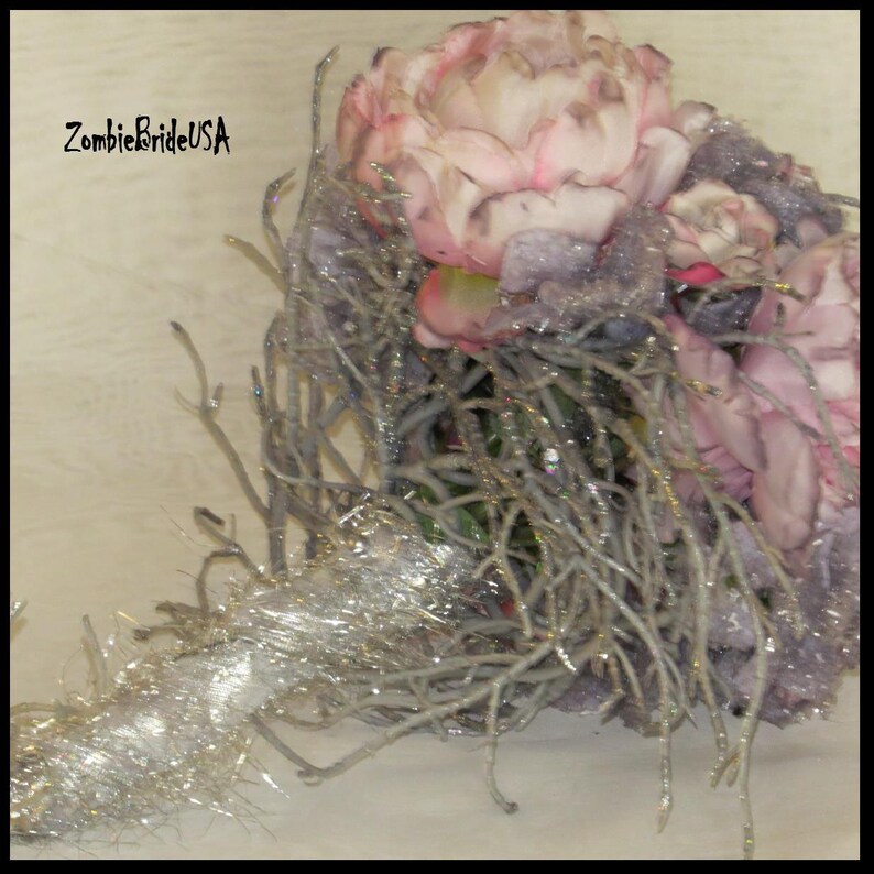 Corpse BRIDAL BOUQUET Tim Burton Wedding Bouquet Grayish Pink Peonies and Twigs
