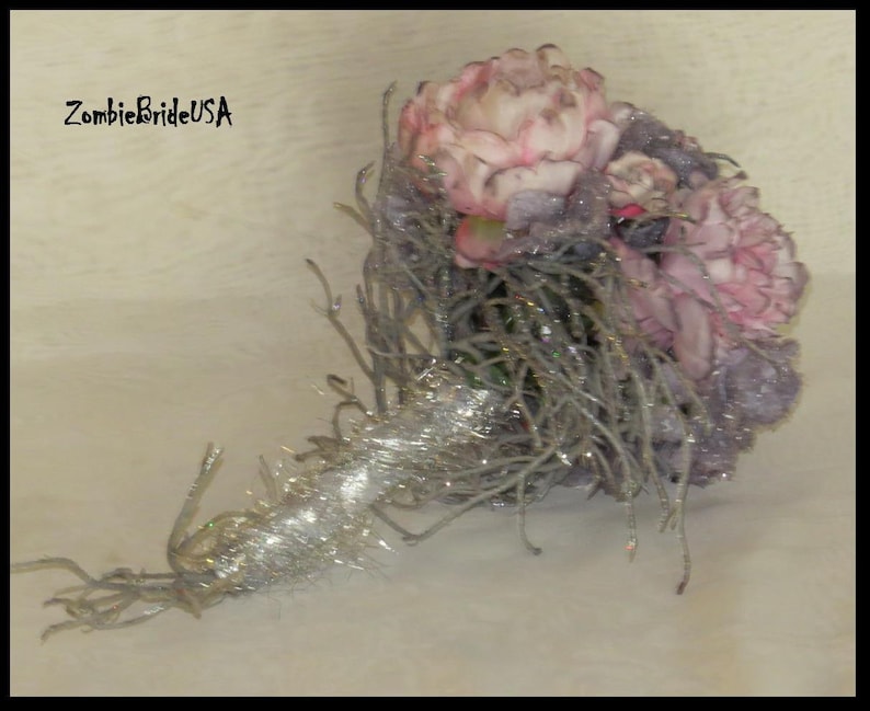 Corpse BRIDAL BOUQUET Tim Burton Wedding Bouquet Grayish Pink Peonies and Twigs