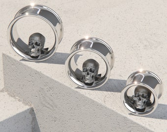 Solid Silver Skull Ear Plugs, Tunnels, Stretchers, Gauges - 12mm - 22mm - No Lead, Nickel, Brass or Silver plate used! - Gift For Her or Him