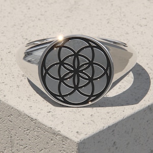 Solid Sterling Silver Seed of Life Signet Ring with Black Enamel – Handcrafted & Customisable Sacred Geometry Jewellery