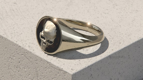 Solid 9ct White Gold Skull Signet Ring With Black Enamel Skull