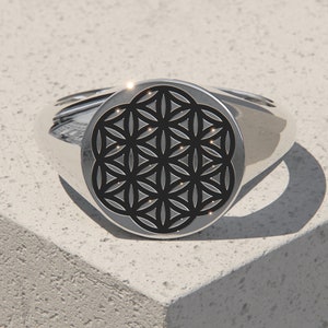 Solid Sterling Silver Flower of Life Signet Ring with Black Enamel – Handcrafted & Customisable Sacred Geometry Jewellery