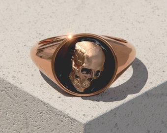 Solid 9ct Rose Gold skull signet ring with black enamel - Skull ring - Signet Ring- Statement ring - Memento Mori Ring