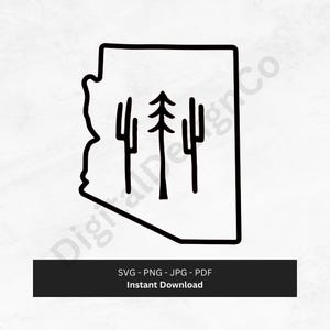 Puede incluir: Ilustración de arte de línea en blanco y negro del estado de Arizona con tres árboles estilizados dentro del contorno del estado.
