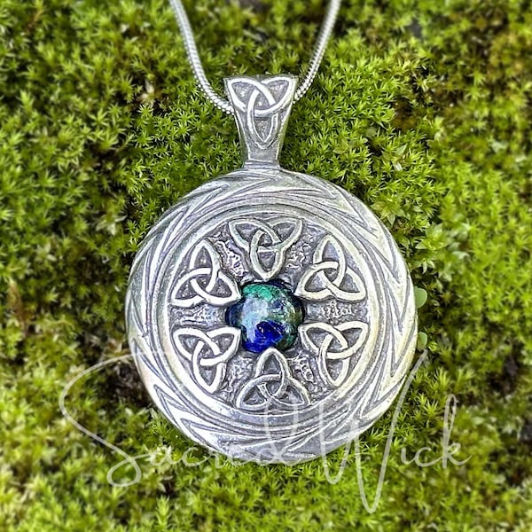 TRIQUETRA & AZURITE MALACHITE Pendant Necklace: Amulet for Prosperity, Spiritual Balance, Money Draw, Intuition, Power, Transformation