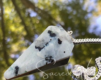 RAINBOW MOONSTONE Six-Sided Pendulum Hand Polished for Divination, Intuition, Past Life Regression, Goddess Energy, Moon Magick, Love, Calm