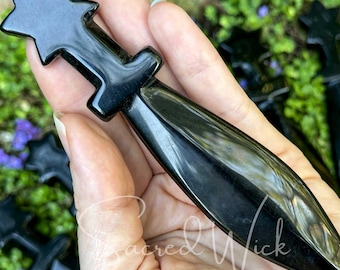 BLACK OBSIDIAN ATHAME with Star Handle for Protection, Grounding, Clarity, Energy Work, Healing, Meditation, Balance, Ritual, Altar Knife