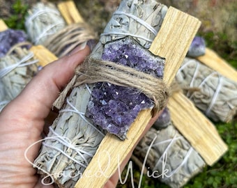 White SAGE, PALO SANTO Wood, and Amethyst Cluster Organic Smudge Bundle Set for Cleansing, Healing, Purification, Protection, Calming