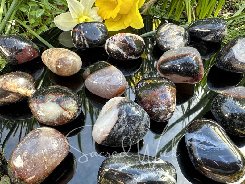Several black sardonyx large tumbled crystals lie on a black obsidian mirror displaying variations in size, shape, and markings.