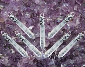 Colgante de cristal de cuarzo con punta de amatista y abalorio de plata para joyería, collares, meditación, limpieza energética, memoria y conciencia espiritual.