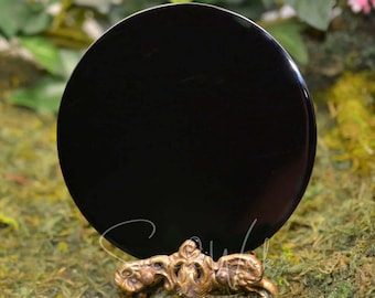 Black Obsidian Scrying Mirror with Antiqued Brass Stand for Divination, Protection, Spells, Reversing, Prediction, Altar Tools, Witchcraft