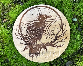 Lunar Raven Pentacle Altar Tile Handmade Fire-Etched with Cherry Wood Finish for Offerings, Samhain, Ritual, Altar Decor, Wicca, Witchcraft