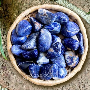 May include: A woven basket filled with polished sodalite stones. The stones are a deep blue color with white marbling. The basket is round and sits on a textured, brown surface. Green leaves are visible in the background.