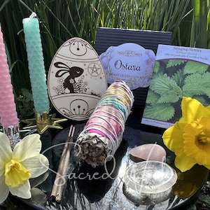 Ostara Celebration Kit Includes Fire Etched Egg Altar Tile, Beeswax Candles with Holders, Incense Sticks, Rose & Clear Quartz