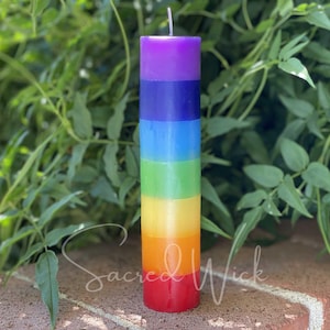 May include: A rainbow candle with seven bands of color, including red, orange, yellow, green, blue, indigo, and violet. The candle is standing on a brick surface with green foliage in the background.
