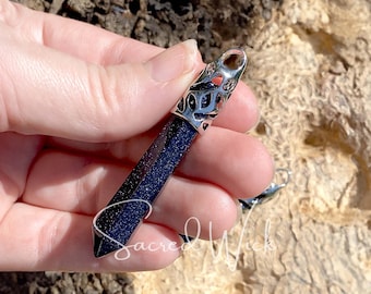 BLUE GOLDSTONE Crystal Point Pendant with Filagree Bail for Healing, Protection, Performers, Actors, Easing Fear of the Dark, Night Energy
