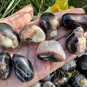 Several black sardonyx large tumbled crystals lie on an open palm displaying variations in size, shape, and markings.