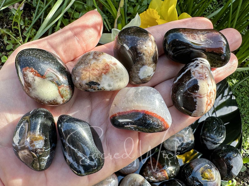 Several black sardonyx large tumbled crystals lie on an open palm displaying variations in size, shape, and markings.
