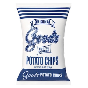May include: A white bag of Good's Original Kettle Cooked Potato Chips with blue horizontal stripes at the top and a blue bottom section. The text reads Original, Good's, Kettle Cooked, Potato Chips, and Net Wt. 1 oz. (28g) in blue lettering.