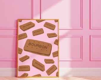May include: A framed print with a pink background and a repeating pattern of brown biscuits with the word "BOURBON" printed on them.
