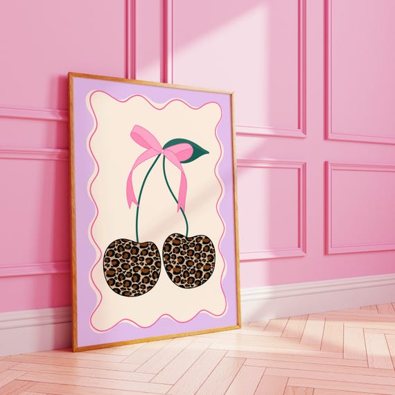 Leopard Print Cherries Wavy Wall Poster | Cherry Bow Ribbon Art