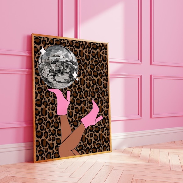 Funky Disco Ball Leopard Print : Groovy Wall Art Print Poster