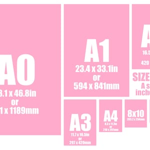 May include: Pink size chart with white text showing A0, A1, A2, A3, A4, A5, and 5x7, 8x10 sizes in inches and millimeters. The A0 size is 33.1 x 46.8 inches or 841 x 1189mm.
