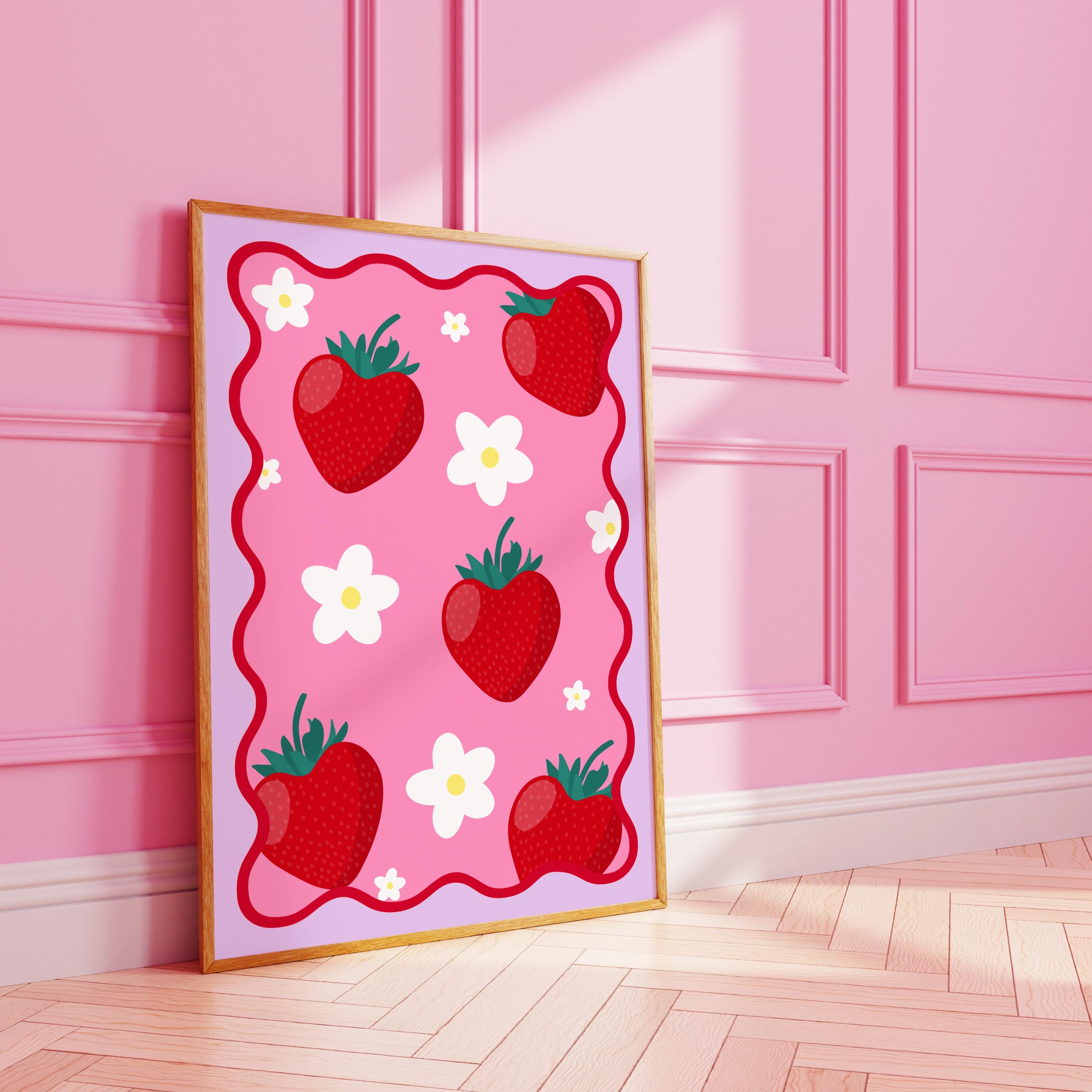 FRAMED Cute Wavy Heart Strawberry Flower Pattern Wall Print