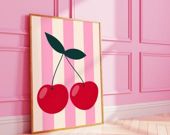 Imprimé cerise rayé | Art mural fruit funky, décoration dopamine