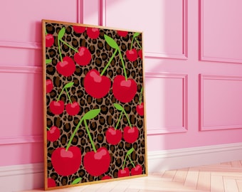 ENCADRÉ Cerise imprimé léopard : Poster impression d'art mural animalier funky
