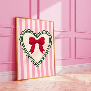 Christmas Heart Bow Print: Pink Winter Stripes (Digital Art)