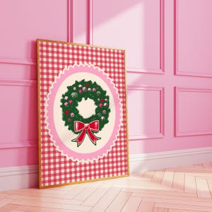 Gingham wreath bow | cute Christmas Xmas winter festive seasonal striped poster | pink home | digital art | A3 A4 8X10 A5 5X7