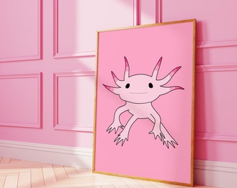 Impresión de ajolote / Arte de pared de animales de dibujos animados en color rosa