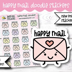 24 Happy Mail Doodles Aufkleber, Planer Aufkleber, Lieferung Aufkleber, Post, Mail Aufkleber, Kawaii, Mini, Vertikaler Planer, Hobo. Bujo