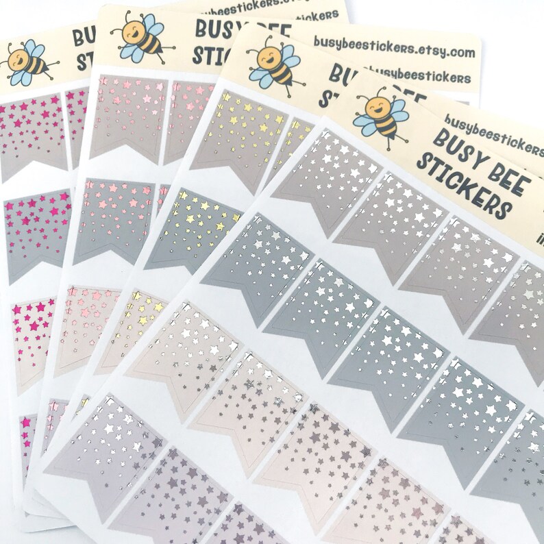 Foil Sparkle Flag Planner Stickers, Neutral, Foil Stars, Flag Stickers, Foiled, Functional, Vertical Planner image 1