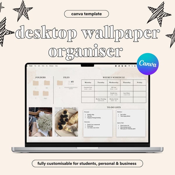 Aesthetic Desktop Wallpaper Organizer + Laptop Plan for College Student, Personal, Business, Weekly/ Work Schedule, Customizable with Canva