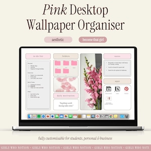 Aesthetic Pink Desktop Wallpaper Organizer + Laptop Plan für Studenten, Persönlich, Wochen- / Arbeitsplan, anpassbar mit Canva