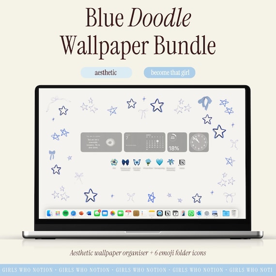 Aesthetic Blue Laptop Wallpaper Bundle | Hand-Drawn Bows & Stars | iOS 18-Inspired Icons | Cute Desktop Organizer | Minimalist Laptop Setup