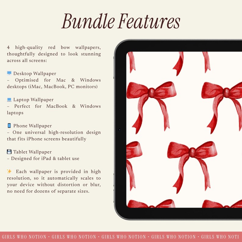 Red Bow Digital Wallpaper Bundle | Aesthetic Desktop, iPad & iPhone Backgrounds | Cute Minimal Bow Wallpaper Set image 2