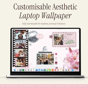 Può includere: Un laptop che mostra uno sfondo estetico personalizzato con il testo "Customisable Aesthetic Laptop Wallpaper". Lo schermo presenta foto, una palla da discoteca, labbra rosa e un fiore. Le icone delle app sono in basso.