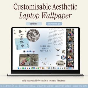 May include: A laptop screen showing a customisable aesthetic wallpaper design. The wallpaper features a disco ball, playing cards, a camera, and the text "BE THE GIRL WHO JUST WENT FOR IT." The words "Customisable Aesthetic Laptop Wallpaper" are at the top.