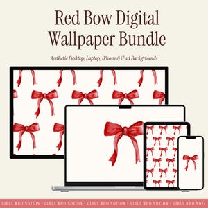 Red Bow Digital Wallpaper Bundle | Aesthetic Desktop, iPad & iPhone Backgrounds | Cute Minimal Bow Wallpaper Set image 1