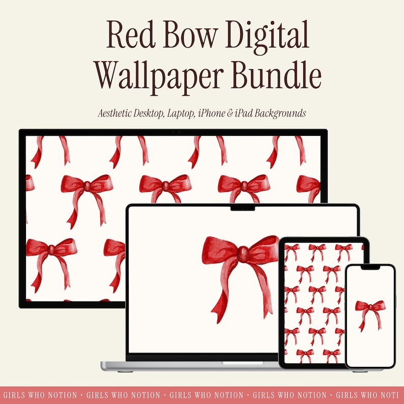 Red Bow Digital Wallpaper Bundle | Aesthetic Desktop, iPad & iPhone Backgrounds | Cute Minimal Bow Wallpaper Set image 1