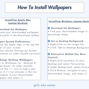 May include: A guide on how to install wallpapers on Apple Mac and Windows laptops or desktops. The guide includes step-by-step instructions with numbered steps and bullet points.