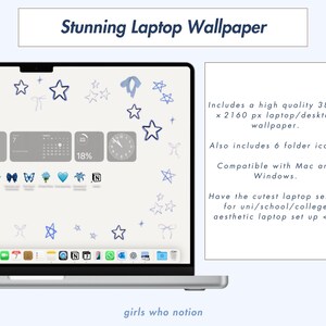 May include: A laptop screen displaying a light gray background with blue and white stars, butterflies, and other icons. The screen also shows a calendar, a clock, and a battery icon. The text "girls who notion" is displayed at the bottom of the screen.