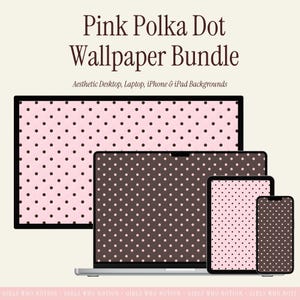 Puede incluir: Un paquete de fondos de pantalla digitales con diseños de lunares rosas. La imagen muestra un monitor de escritorio, un portátil, una tableta y un smartphone, cada uno mostrando un diseño de lunares diferente. El texto dice "Pink Polka Dot Wallpaper Bundle".