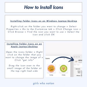May include: A visual guide on how to install folder icons on a Windows or Apple computer. The guide shows screenshots of the steps involved in changing the icon of a folder on both operating systems.