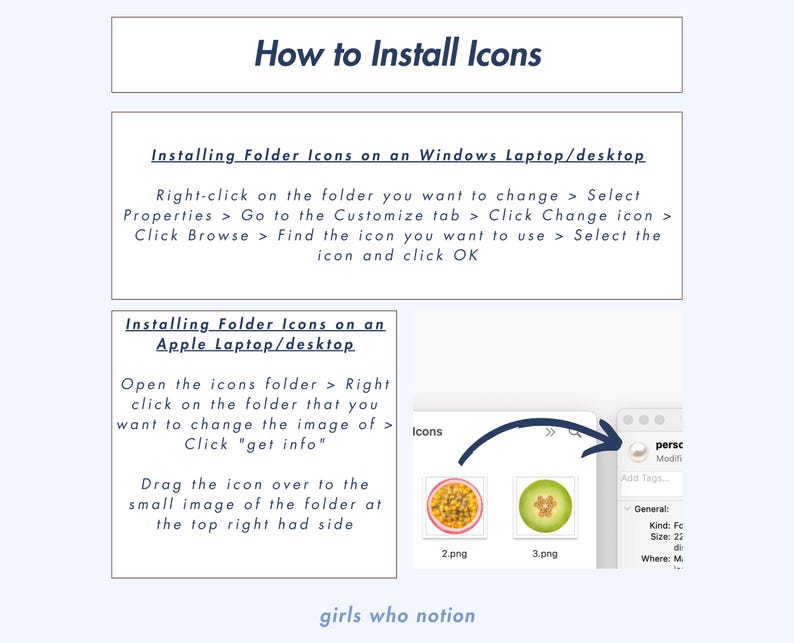 May include: A visual guide on how to install folder icons on a Windows or Apple computer. The guide shows screenshots of the steps involved in changing the icon of a folder on both operating systems.