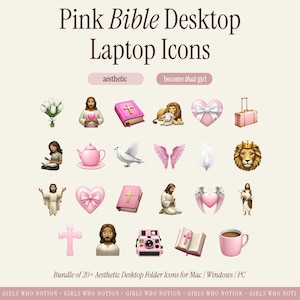 Paquete de carpetas con íconos de escritorio de Christian Bible Girl / Íconos digitales de MacBook, iMac, Windows y PC con estética rosa